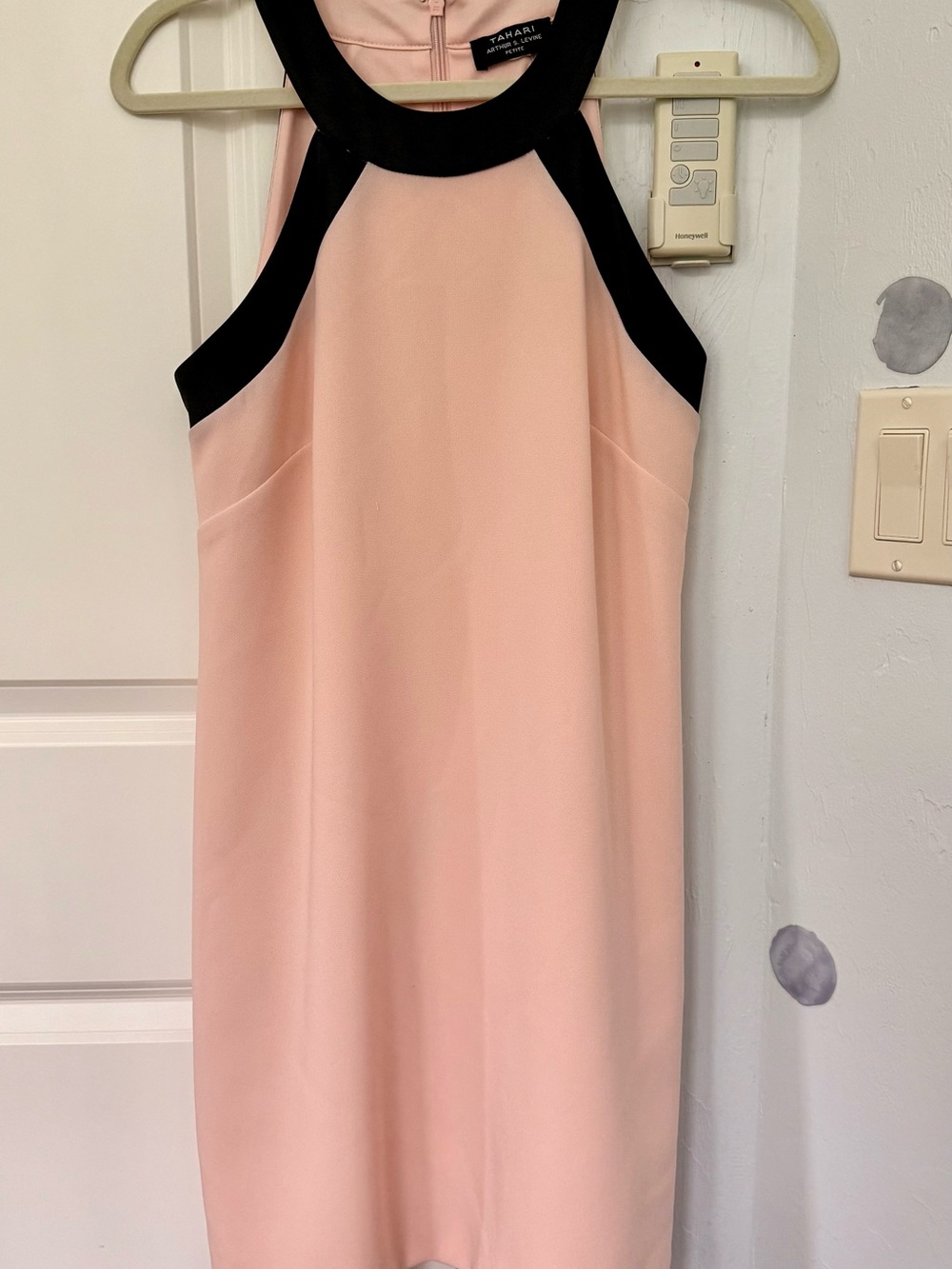 Tahari ASL Blush Pink Midi Dress with Black Trim Halter Neck